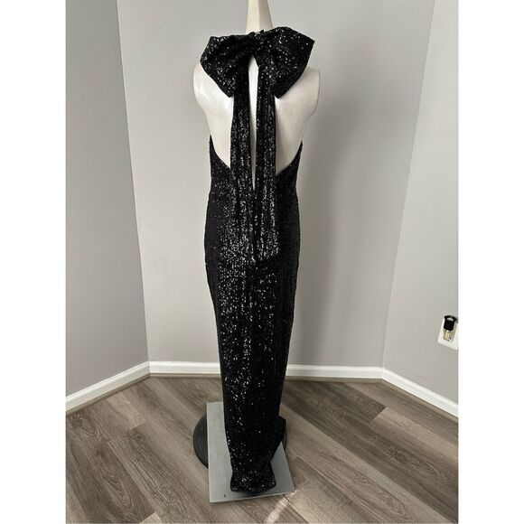 NWT Nookie High Halter Neck Bow Side Split Sequin Charisma Gown Black Size Large - Picture 7 of 10
